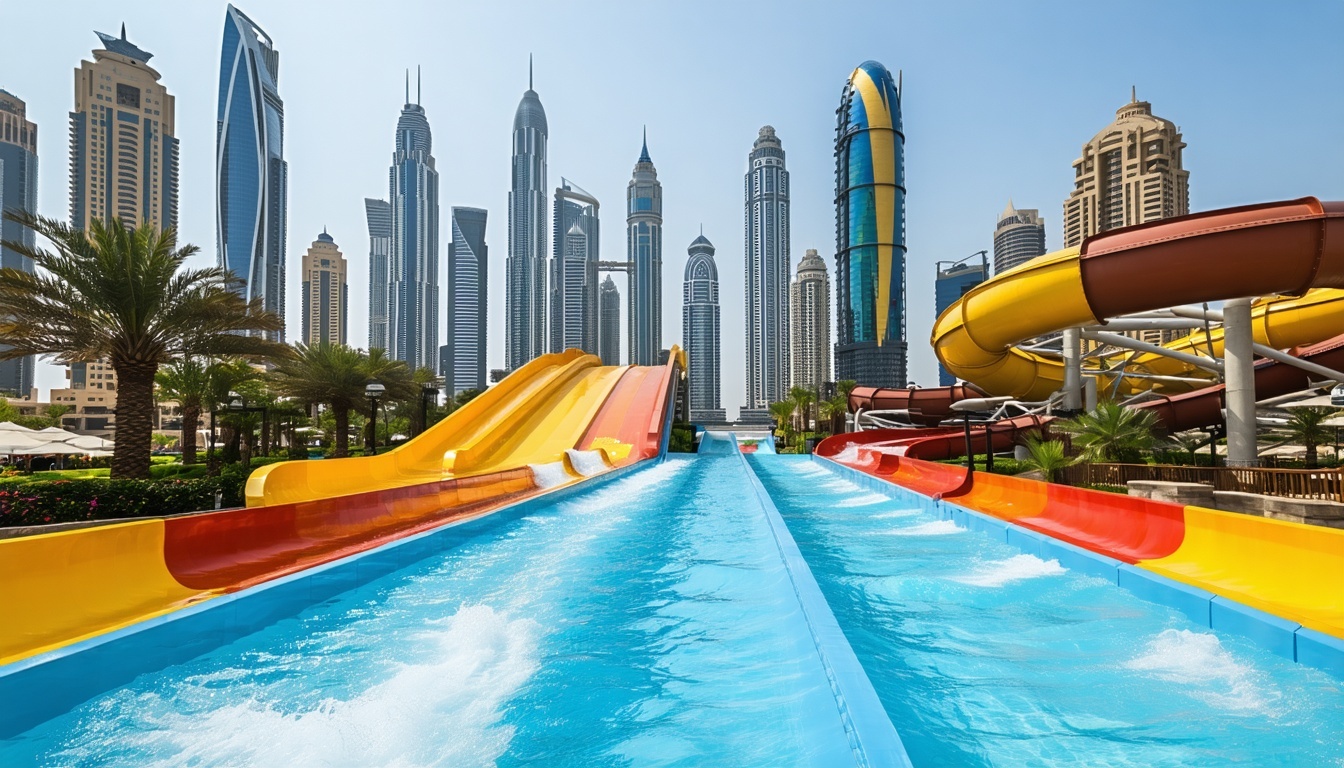 Aquaventure water slides with Dubai skyline in the background